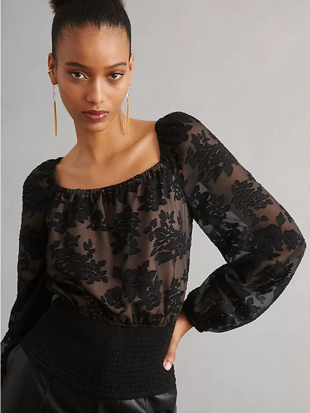 Anthropologie Current Air Black Sheer Floral Peasant Blouse